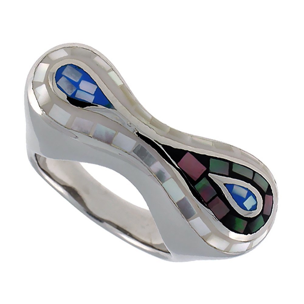 Sterling Silver Natural Shell Mosaic Free Form Ring, 1 1/8 inch wide
