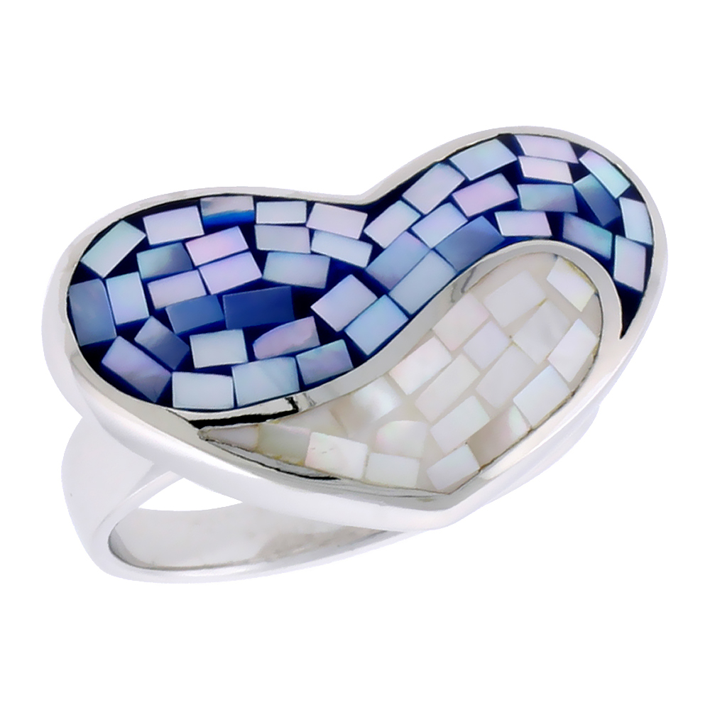 Sterling Silver Natural Shell Mosaic Heart Ring Blue and White, 29/32 inch wide