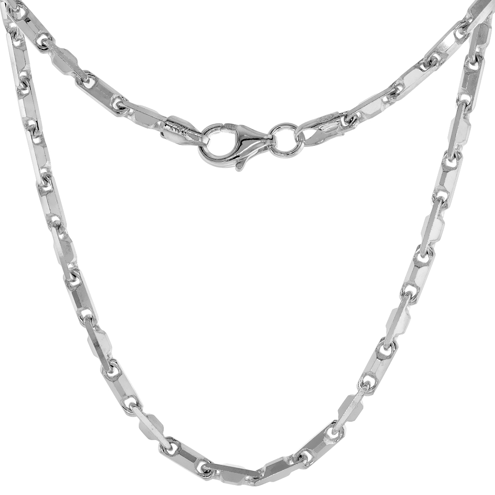 Sterling Silver Baht Chain Necklaces &amp; Bracelets 2.5mm Beveled Edges Nickel Free Italy, sizes 7 - 30 inch