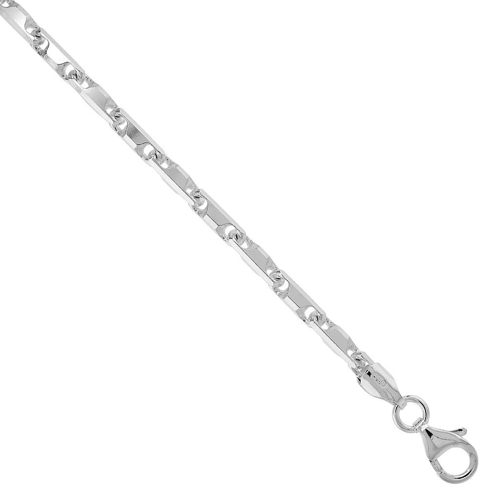 Sterling Silver Baht Chain Necklaces & Bracelets 3mm Beveled Edges Nickel Free Italy, sizes 7 - 30 inch