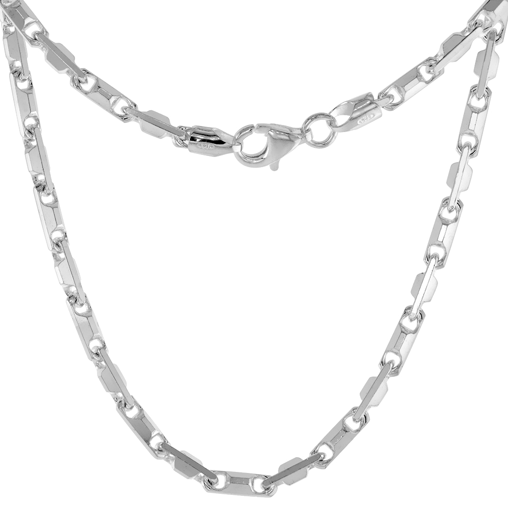 Sterling Silver Baht Chain Necklaces &amp; Bracelets 3mm Beveled Edges Nickel Free Italy, sizes 7 - 30 inch