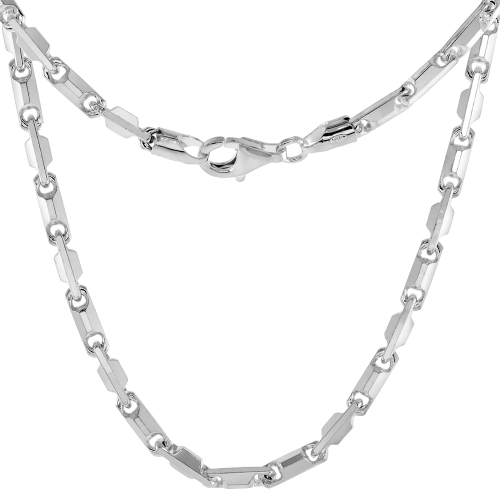 Sterling Silver Baht Chain Necklaces &amp; Bracelets 3.7mm Beveled Edges Nickel Free Italy, sizes 7 - 30 inch