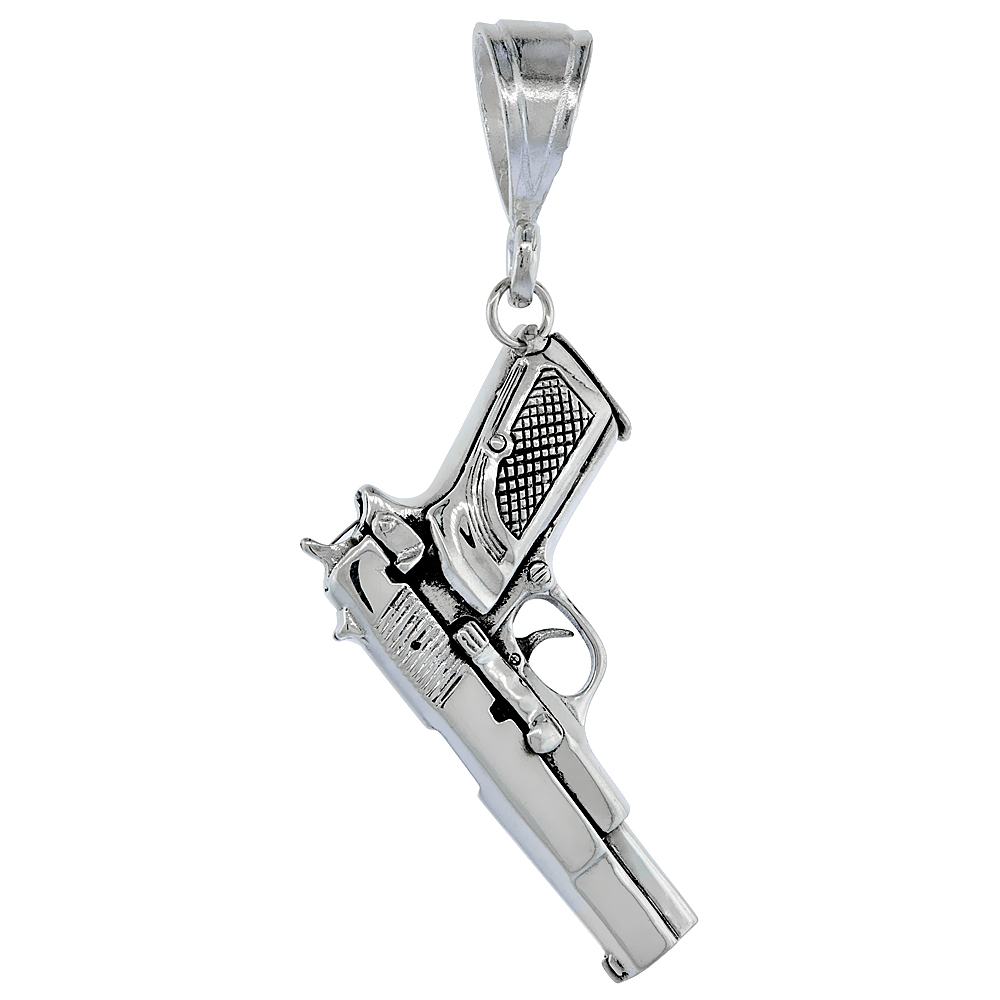 Sterling Silver 9mm Semi-Automatic Movable Pistol Pendant Compact, 2 1/4 inches long