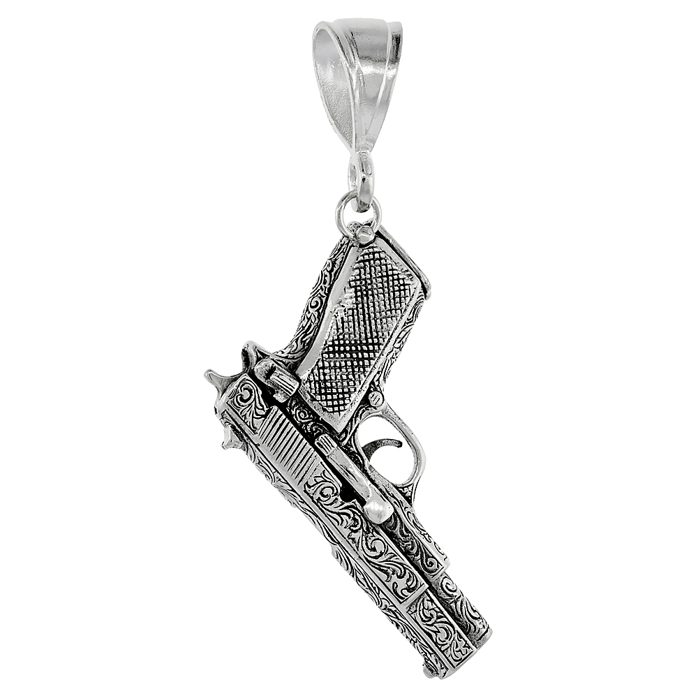 Sterling Silver 9mm Semi-Automatic Movable Pistol Pendant Embellished, 2 1/4 inches long