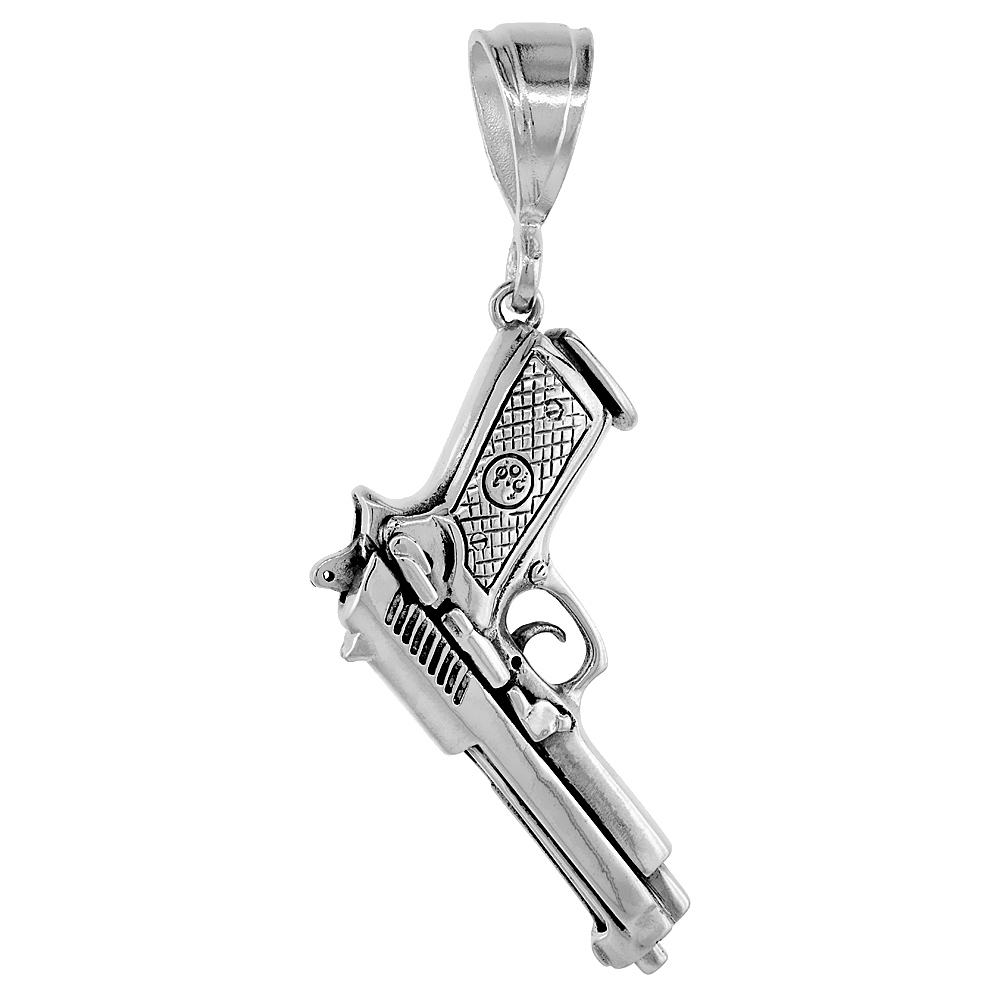 Sterling Silver 9mm Semi-Automatic Movable Pistol Pendant Full Size, 2 1/4 inches long