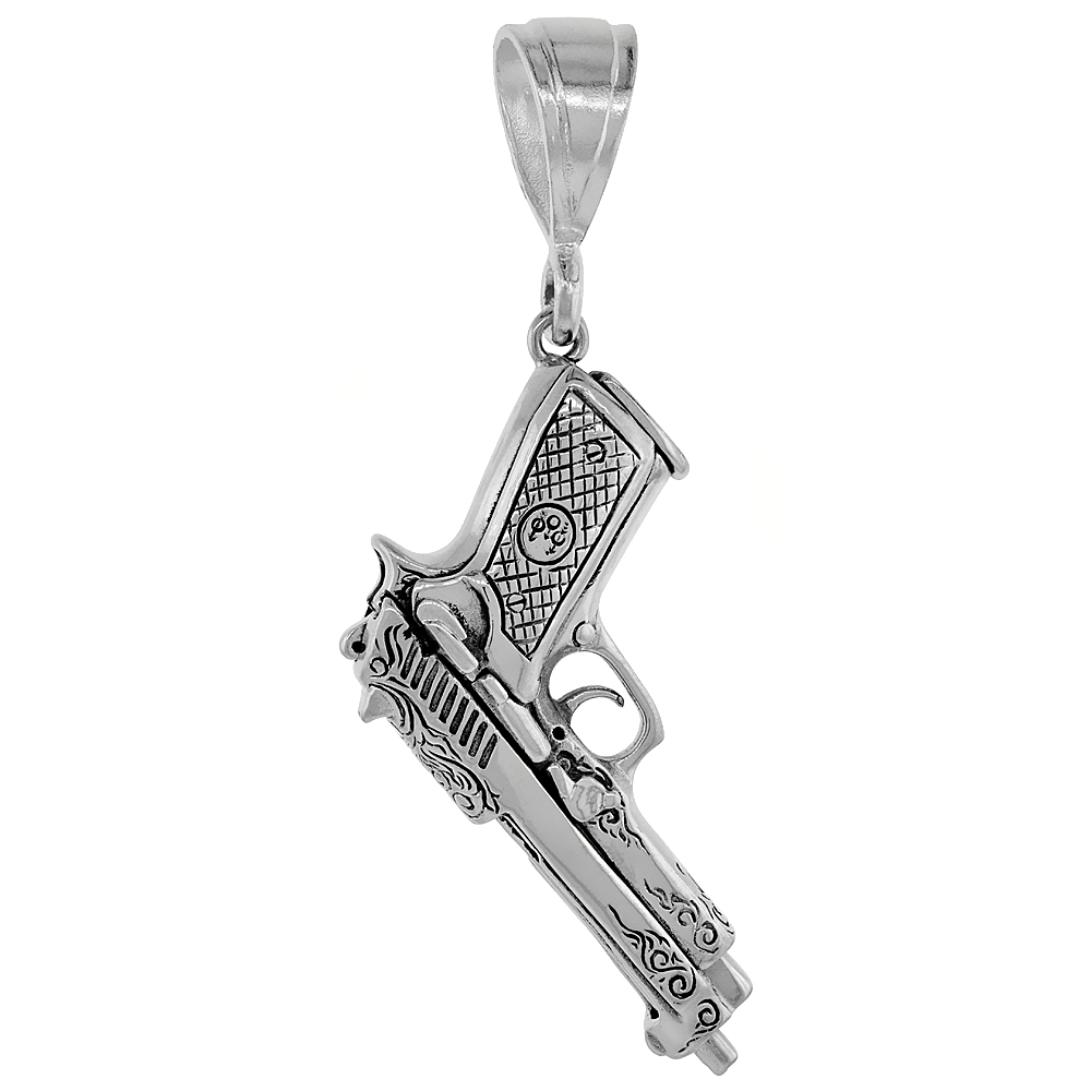 Sterling Silver 9mm Semi-Automatic Movable Pistol Pendant Ornamental, 2 1/4 inches long