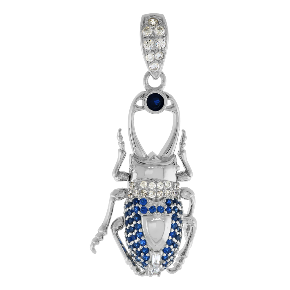 Sterling Silver Micropave with & Blue CZ Hercules Beetle Pendant for Women Rhodium Finish 1 inch tall