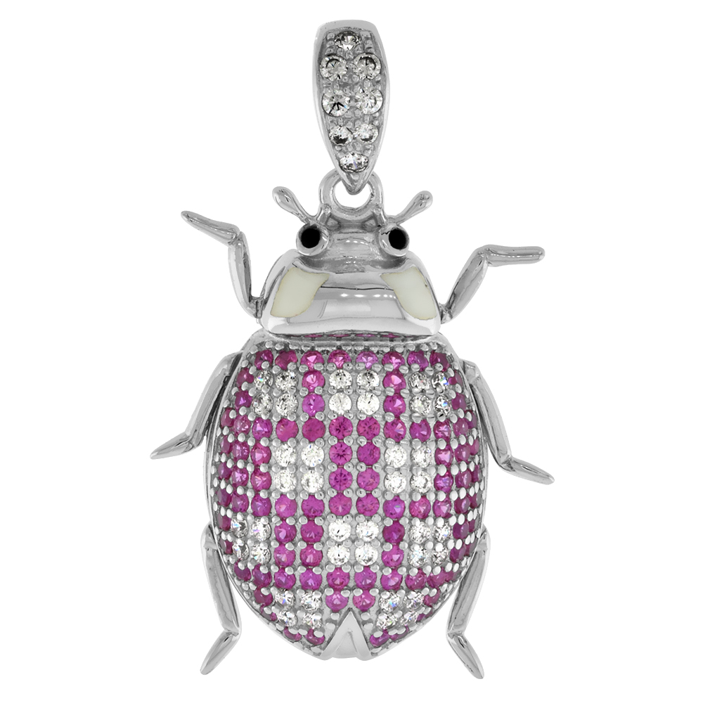 Sterling Silver Micropave White and Pink CZ Scarab Beetle Pendant for Women Rhodium Finish 1 inch tall