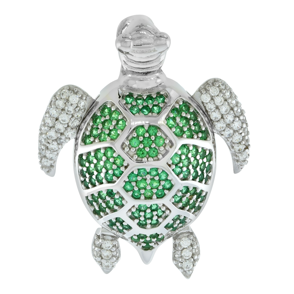 Sterling Silver Micropave CZ Green Turtle Pendant for Women with Articulating Limbs Rhodium Finish 1 1/8 inch tall