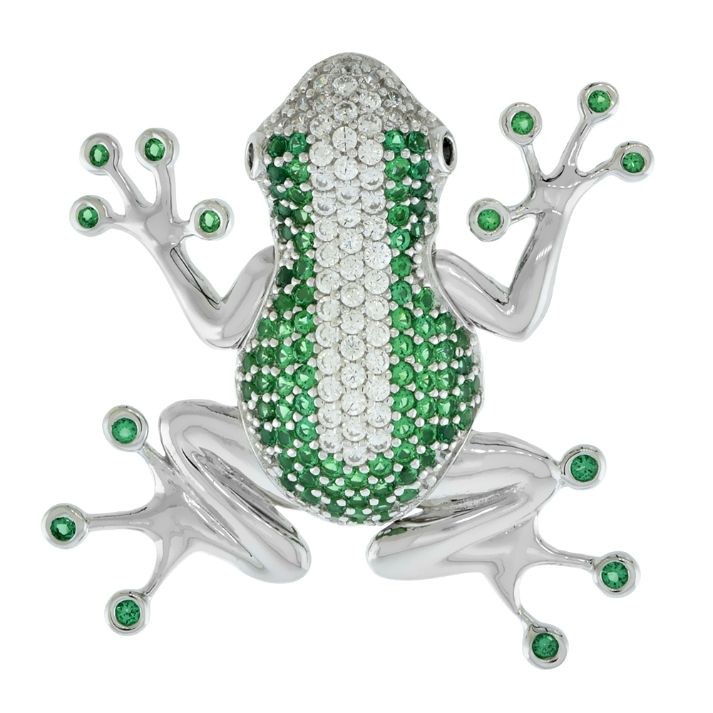 Sterling Silver Micropave White & Green CZ Tree Frog Pendant for Women with Articulating Limbs Rhodium Finish 1 inch tall