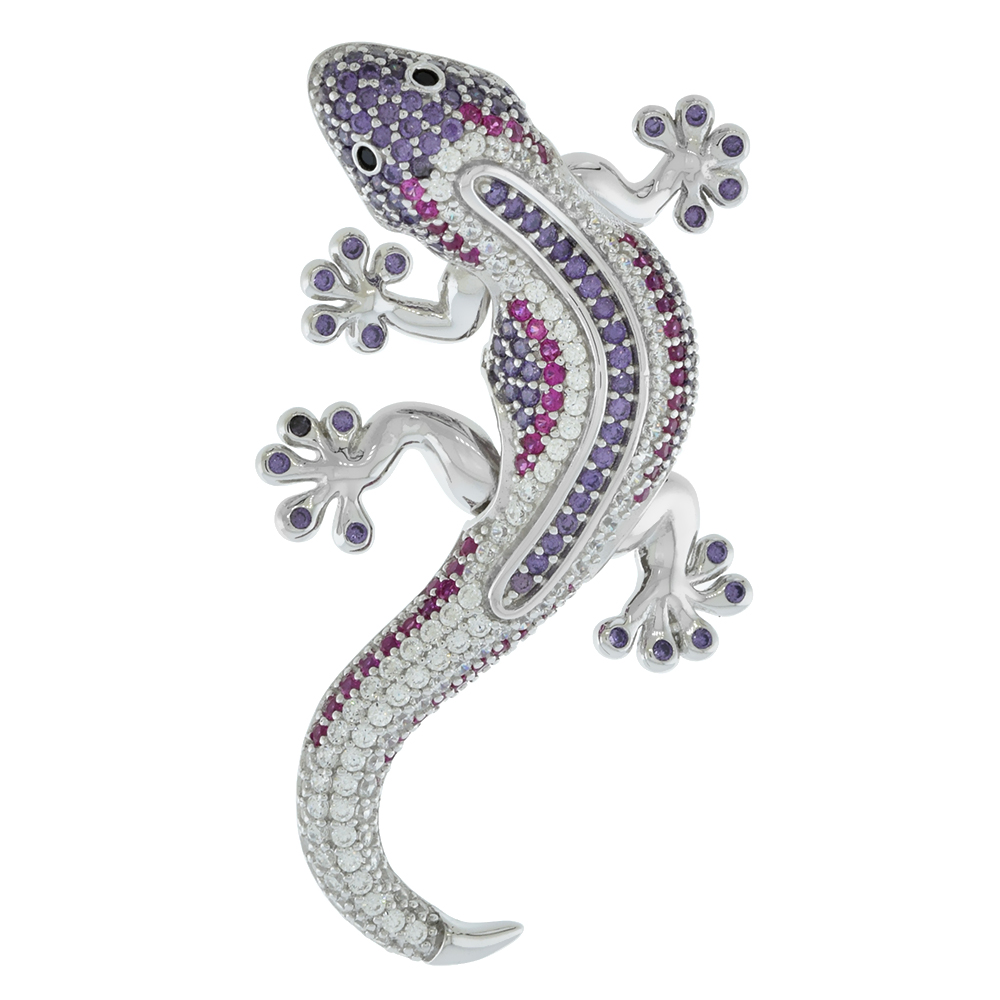 Sterling Silver Micropave CZ Purple & Red Gecko Pendant for Women with Articulating Limbs Rhodium Finish 1 1/2 inch tall