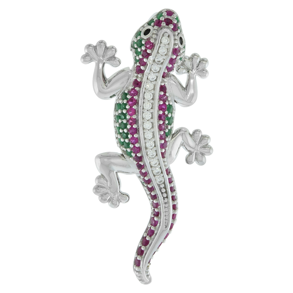 Small Sterling Silver Micropave CZ Green & Red Gecko Pendant for Women with Articulating Limbs Rhodium Finish 1 1/4 inch tall