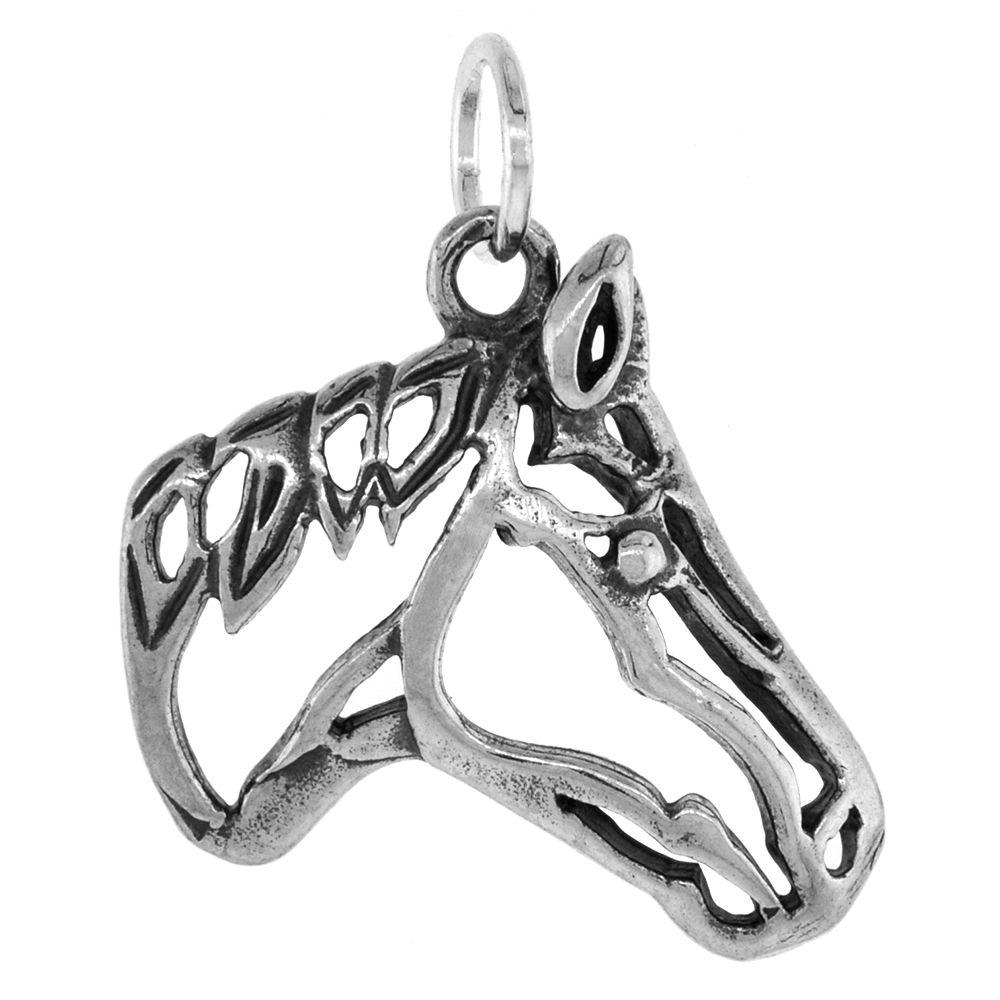 1 1/16 inch Sterling Silver Cut-out Horse Head Necklace Diamond-Cut Oxidized finish available with or without chain