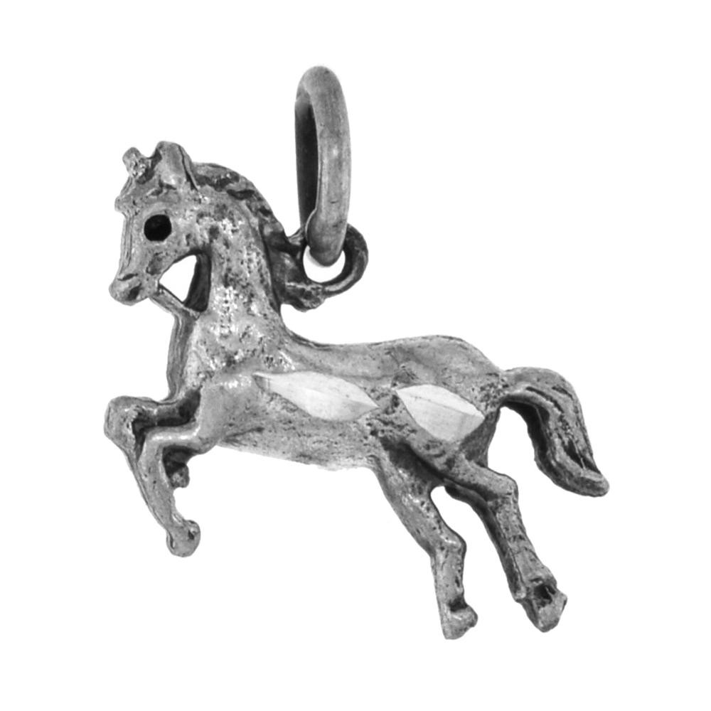 Tiny 1/2 inch Sterling Silver Jumping Horse Pendant for Women Diamond-Cut Oxidized finish NO Chain