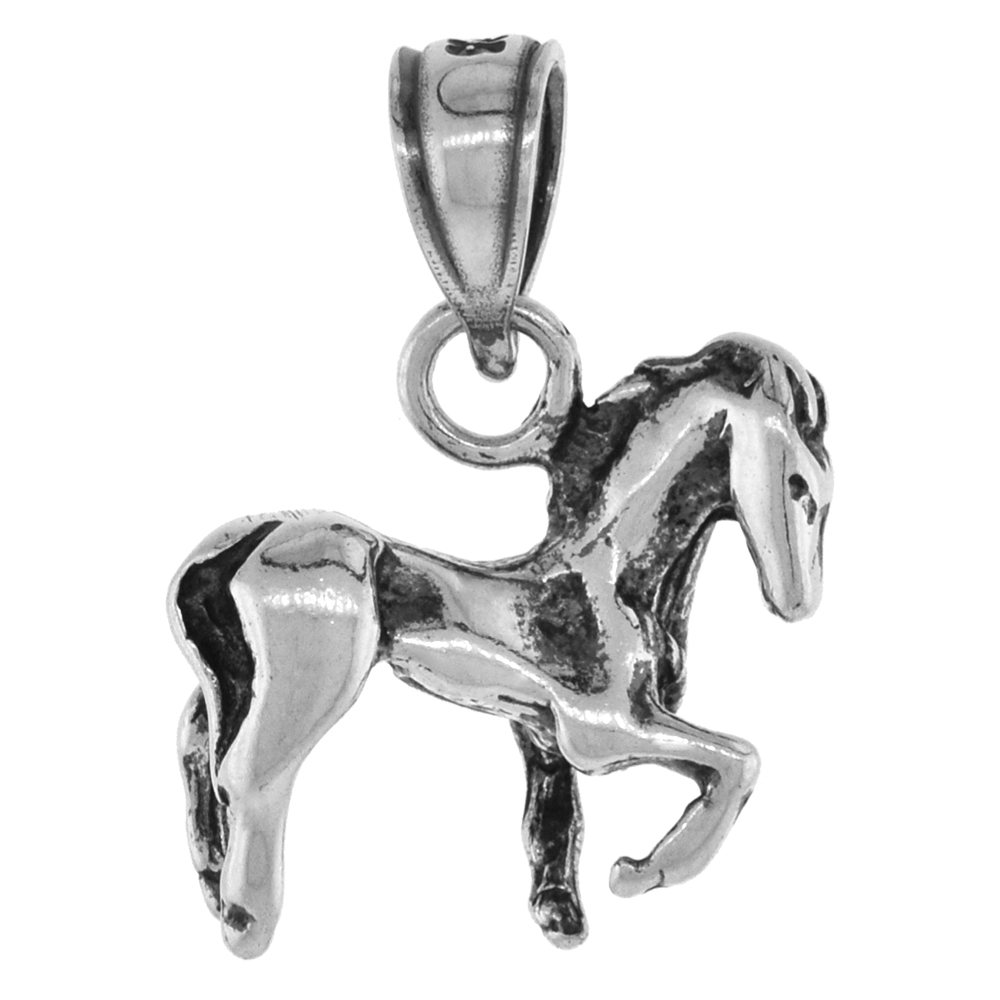 7/8 inch Sterling Silver Pawing Horse Necklace 3-D Diamond-Cut Oxidized finish available with or without chain