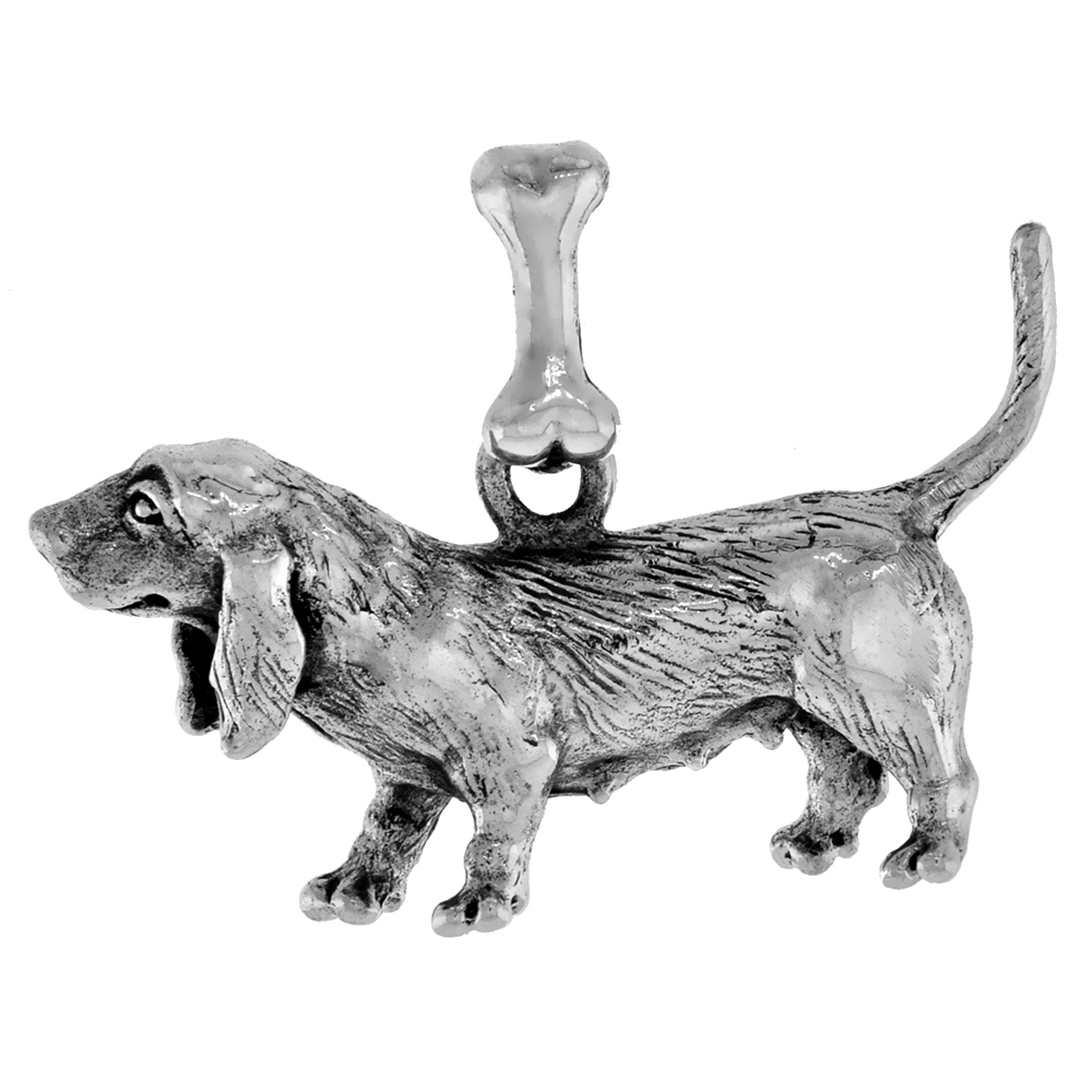 Sterling Silver Basset Hound Dog Pendant 3-D full Body