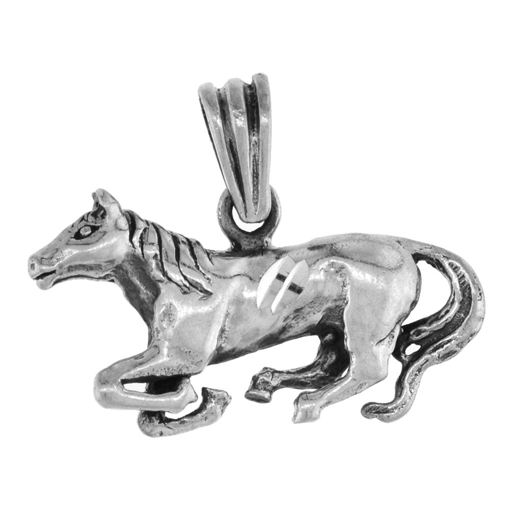 Small 3/4 inch Sterling Silver Lying Down Horse Necklace for Women 3-D Diamond-Cut Oxidized finish available with or without chain