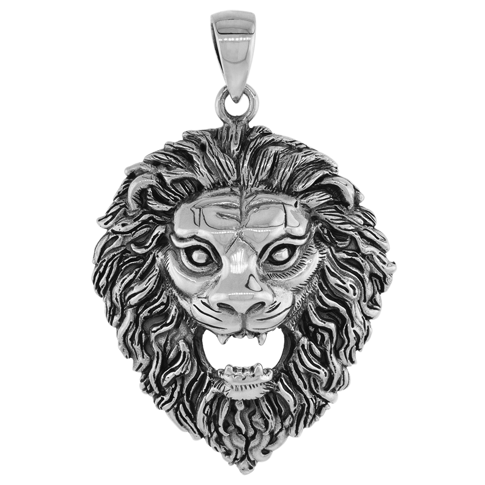 1 5/8 inch Sterling Silver Lion Head Necklace Diamond-Cut Oxidized finish available with or without chain
