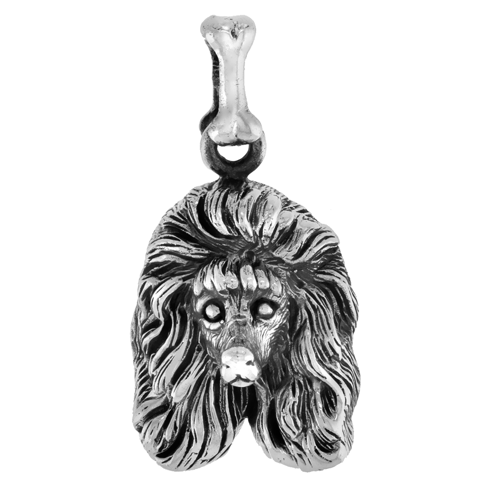 STERLING SILVER POODLE HEAD PENDANT HEAD LOOKING FORWARD1 1/2 INCH TALL