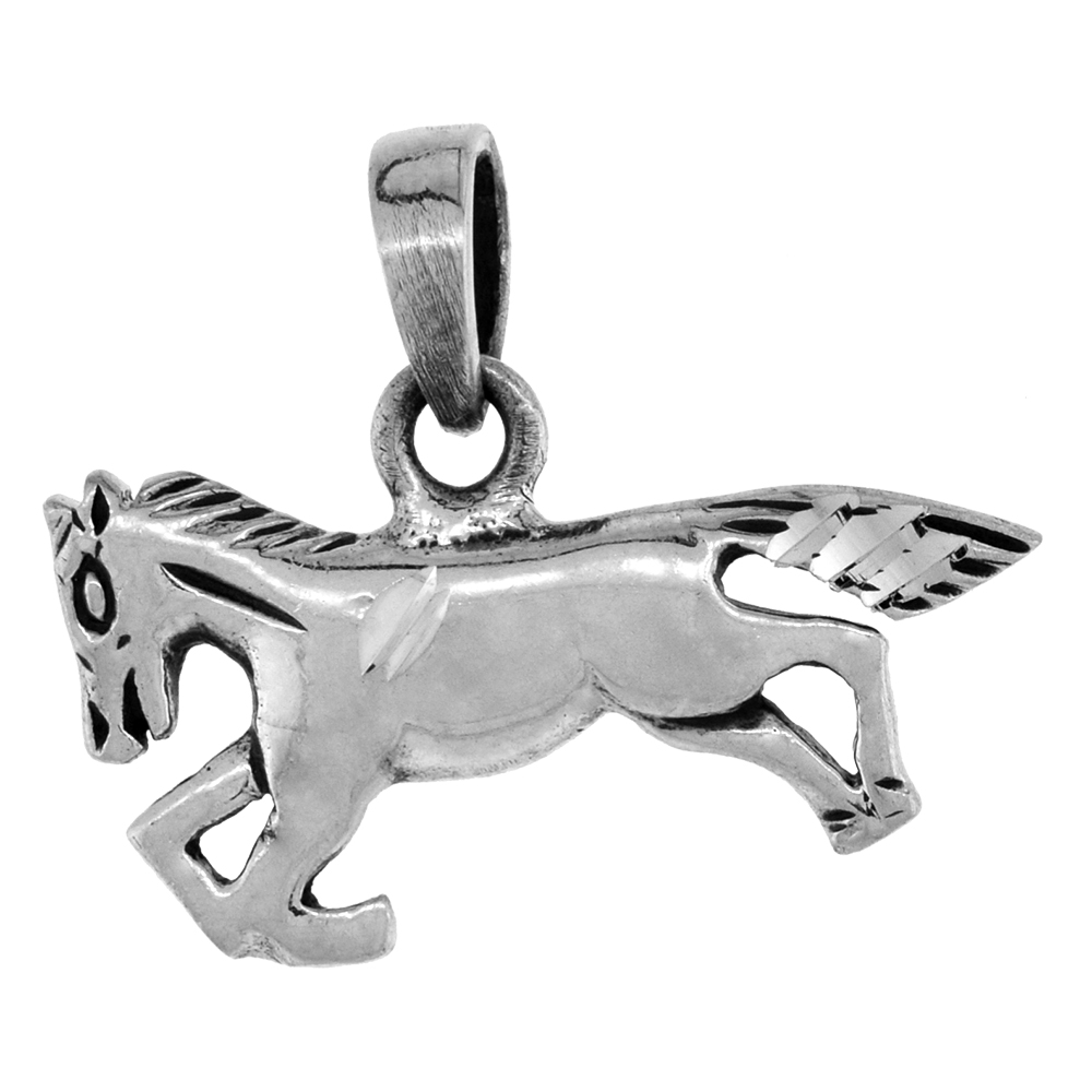 SMALL 3/4 INCH STERLING SILVER RUNNING HORSE PENDANT FOR WOMEN DIAMOND-CUT OXIDIZED FINISH NO CHAIN