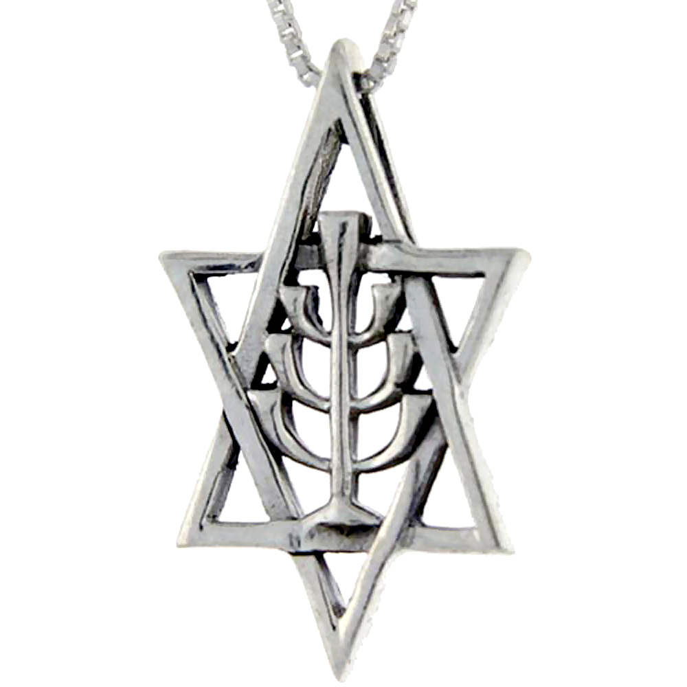 STERLING SILVER STAR OF DAVID WITH MENORAH PENDANT 1 1/2 INCH TALL