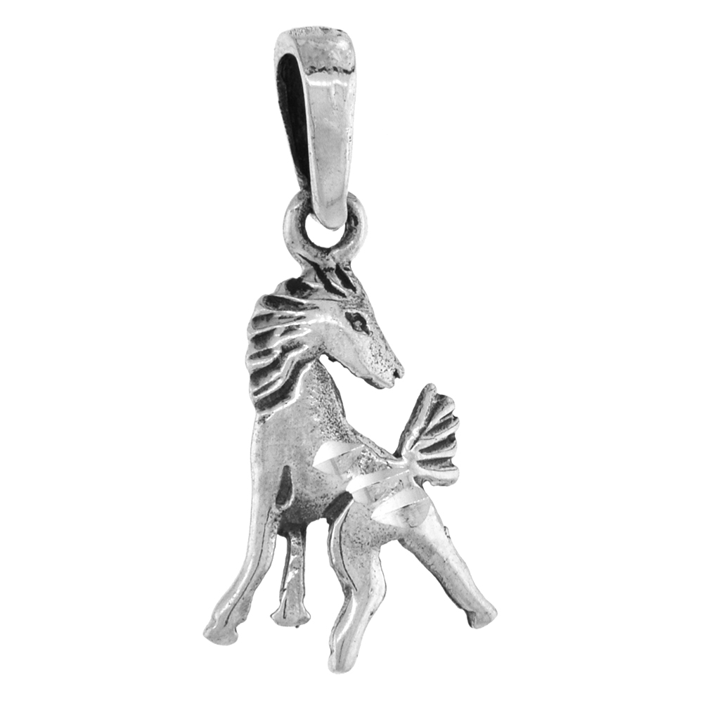 1 inch Sterling Silver Turning Head Horse Necklace Diamond-Cut Oxidized finish available with or without chain
