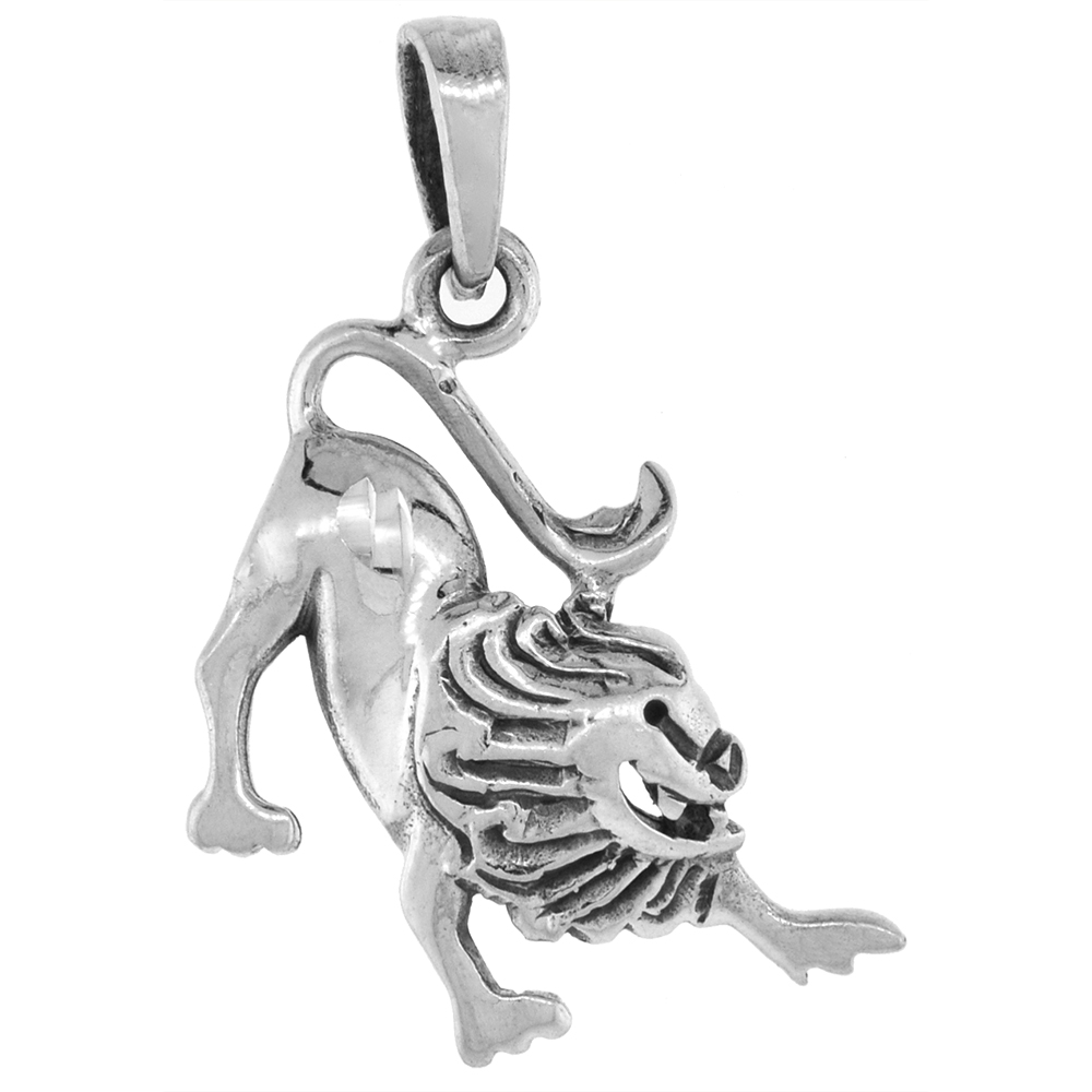 1 1/4 INCH STERLING SILVER POUNCING LION PENDANT DIAMOND-CUT OXIDIZED FINISH NO CHAIN