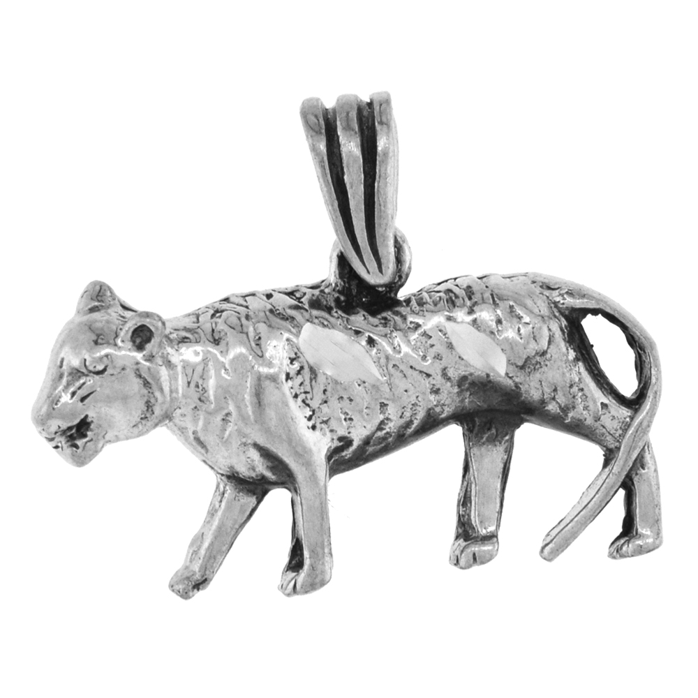 SMALL 3/4 INCH STERLING SILVER TIGER PENDANT FOR WOMEN DIAMOND-CUT OXIDIZED FINISH NO CHAIN