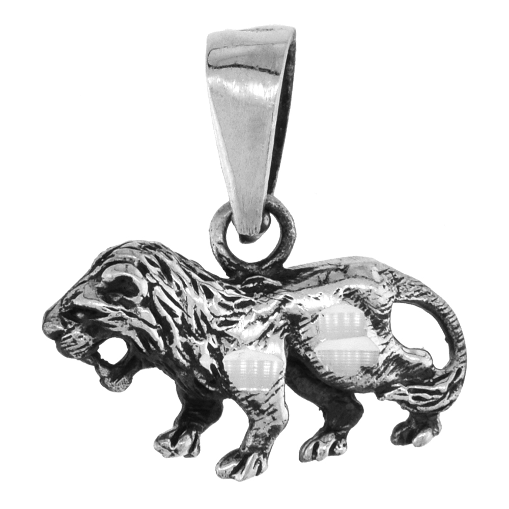 Small 3/4 inch Sterling Silver Roaring Lion Necklace for Women Diamond-Cut Oxidized finish available with or without chain