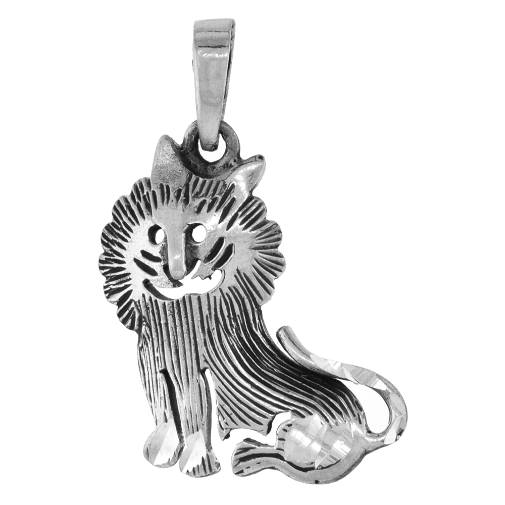 1 1/4 inch Sterling Silver Stylized Sitting Lion Necklace Diamond-Cut Oxidized finish available with or without chain