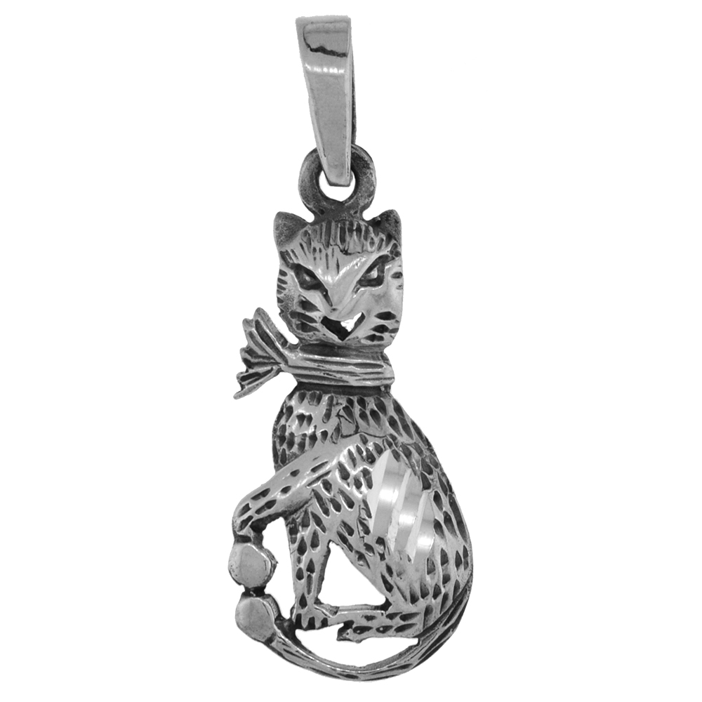 1 1/4 inch Sterling Silver Spotted Cat with Scarf Necklace Diamond-Cut Oxidized finish available with or without chain