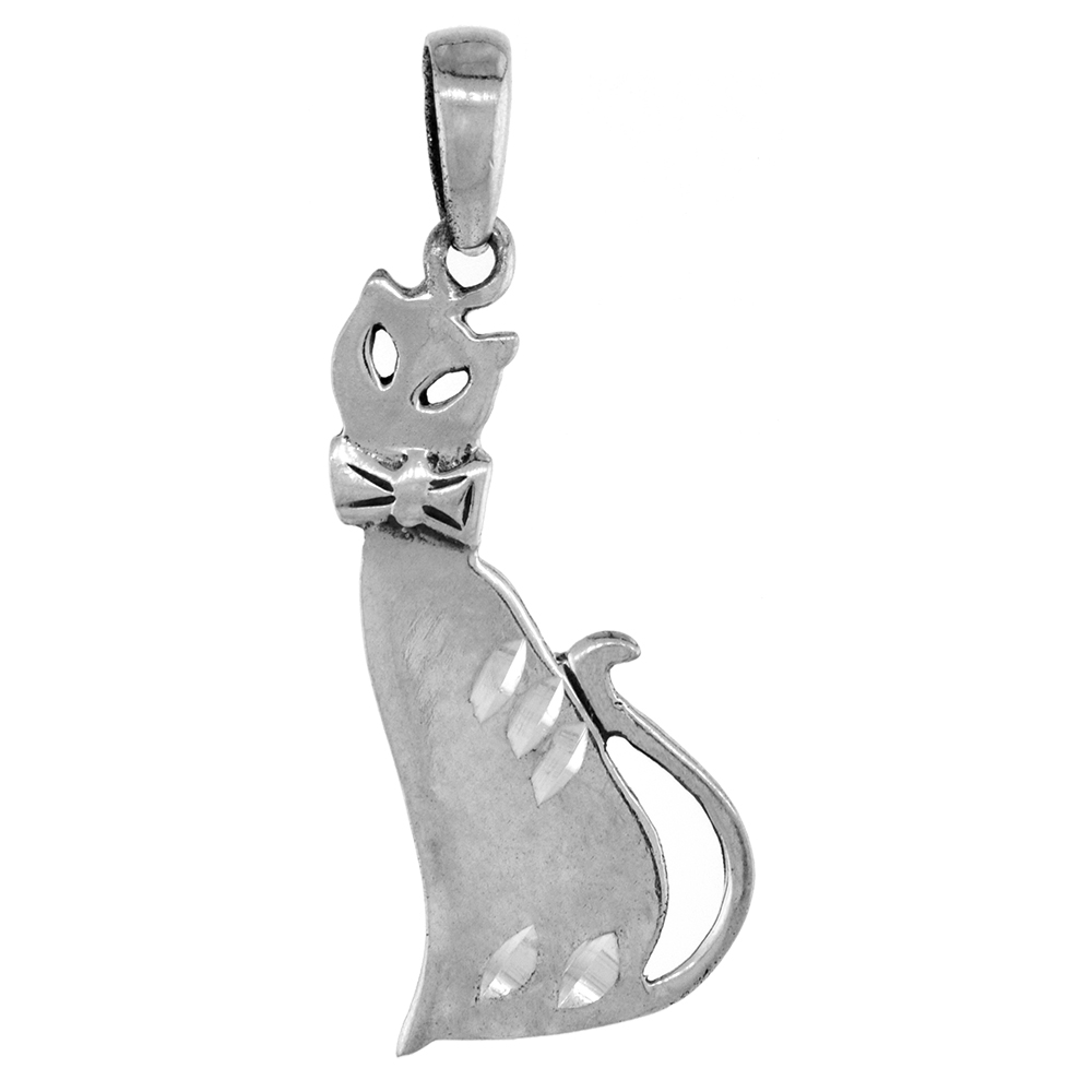 1 1/2 inch Sterling Silver Sitting Cat with Bow Necklace Diamond-Cut Oxidized finish available with or without chain