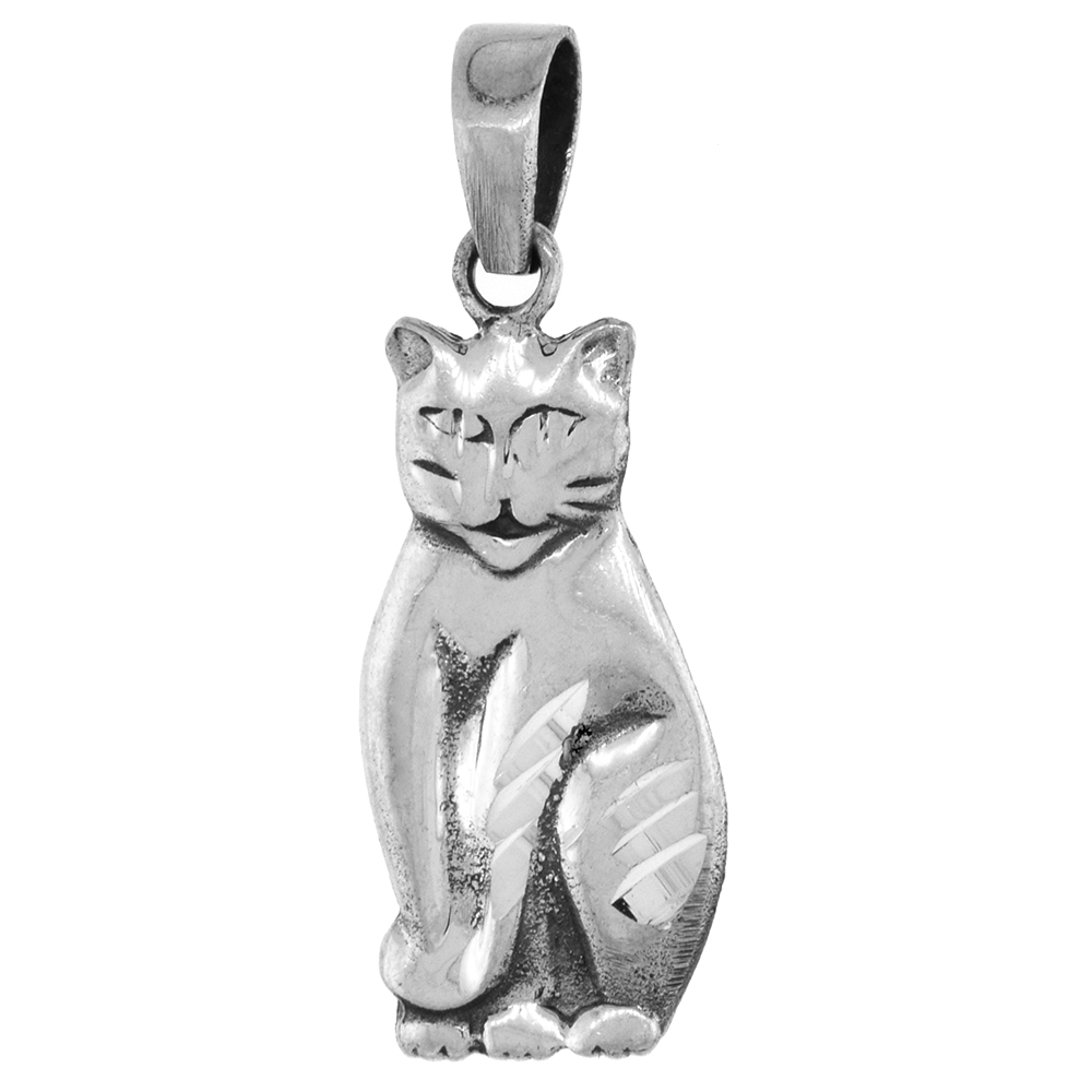 1 1/2 inch Sterling Silver Sitting Fat Cat Necklace Diamond-Cut Oxidized finish available with or without chain