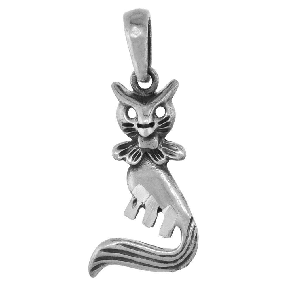 1 1/8 inch Sterling Silver Furry Tail Cat Necklace Diamond-Cut Oxidized finish available with or without chain
