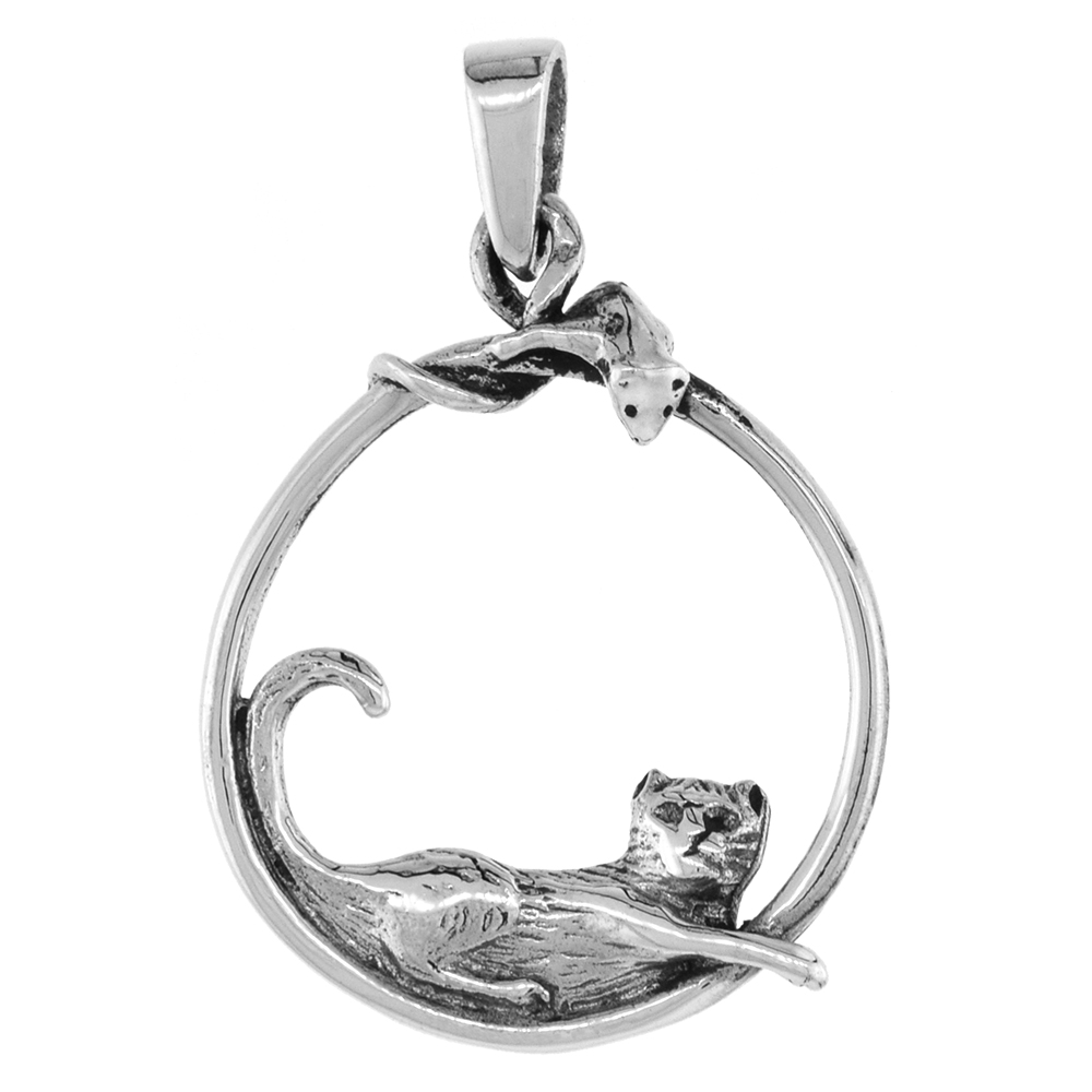 1 1/4 inch Sterling Silver Cat in Circle with Mouse Necklace Diamond-Cut Oxidized finish available with or without chain