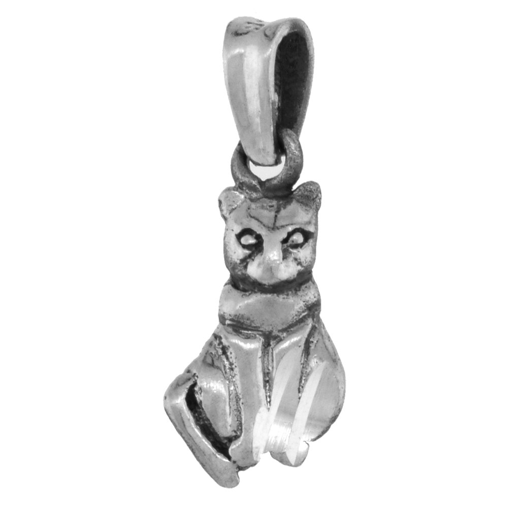 Small 3/4 inch Sterling Silver Sitting Cat Pendant for Women Diamond-Cut Oxidized finish NO Chain