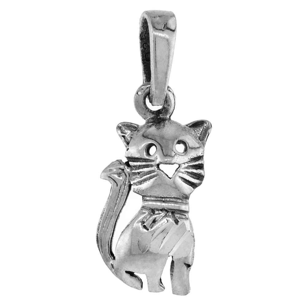 1 INCH STERLING SILVER KITTEN PENDANT DIAMOND-CUT OXIDIZED FINISH NO CHAIN