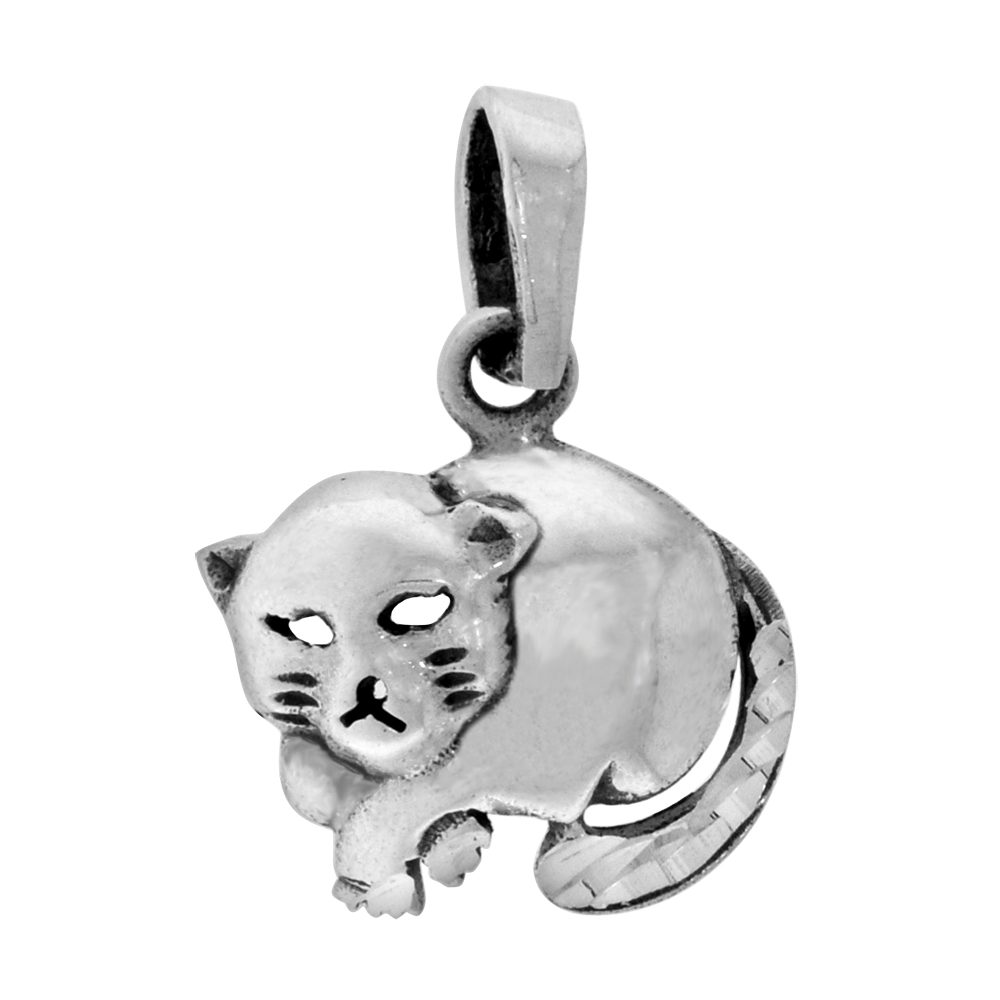 SMALL 3/4 INCH STERLING SILVER CHILLING CAT PENDANT DIAMOND CUT DIAMOND-CUT OXIDIZED FINISH NO CHAIN