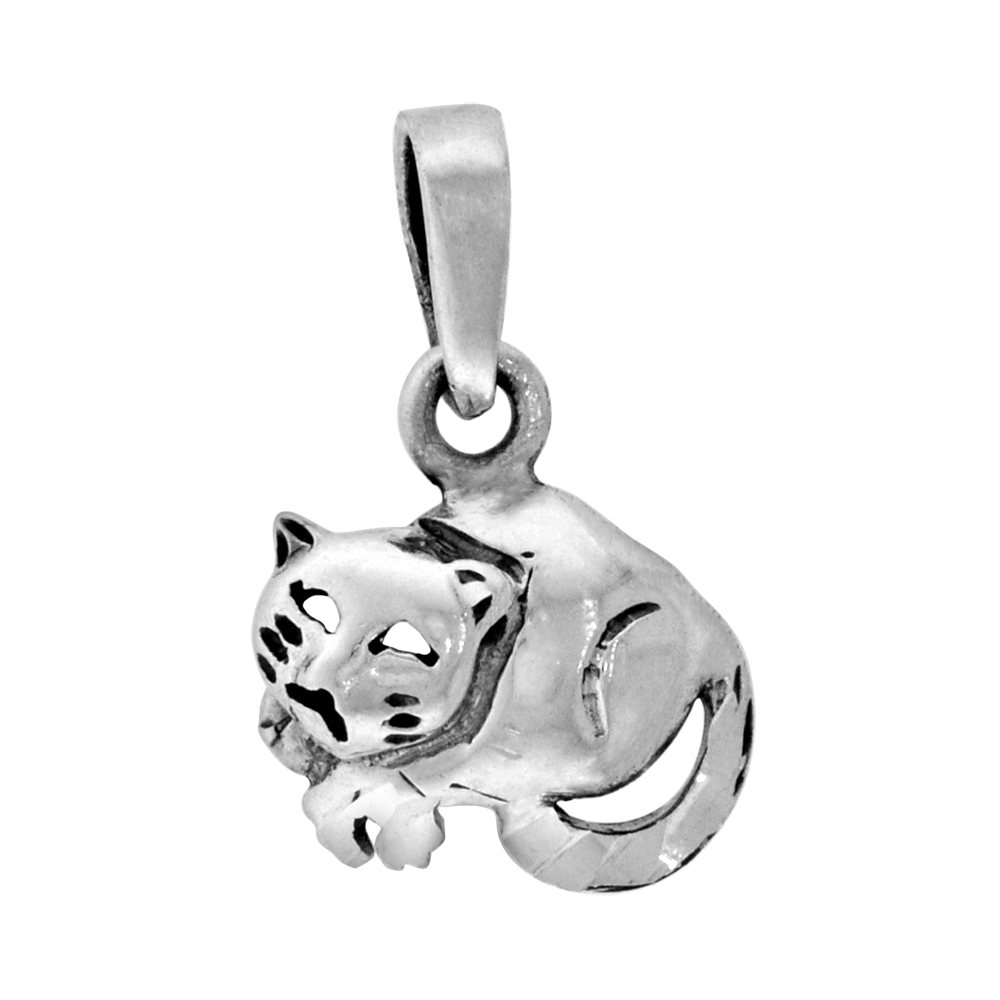 TINY 1/2 INCH STERLING SILVER NAPPING CAT PENDANT FOR WOMEN DIAMOND-CUT OXIDIZED FINISH NO CHAIN