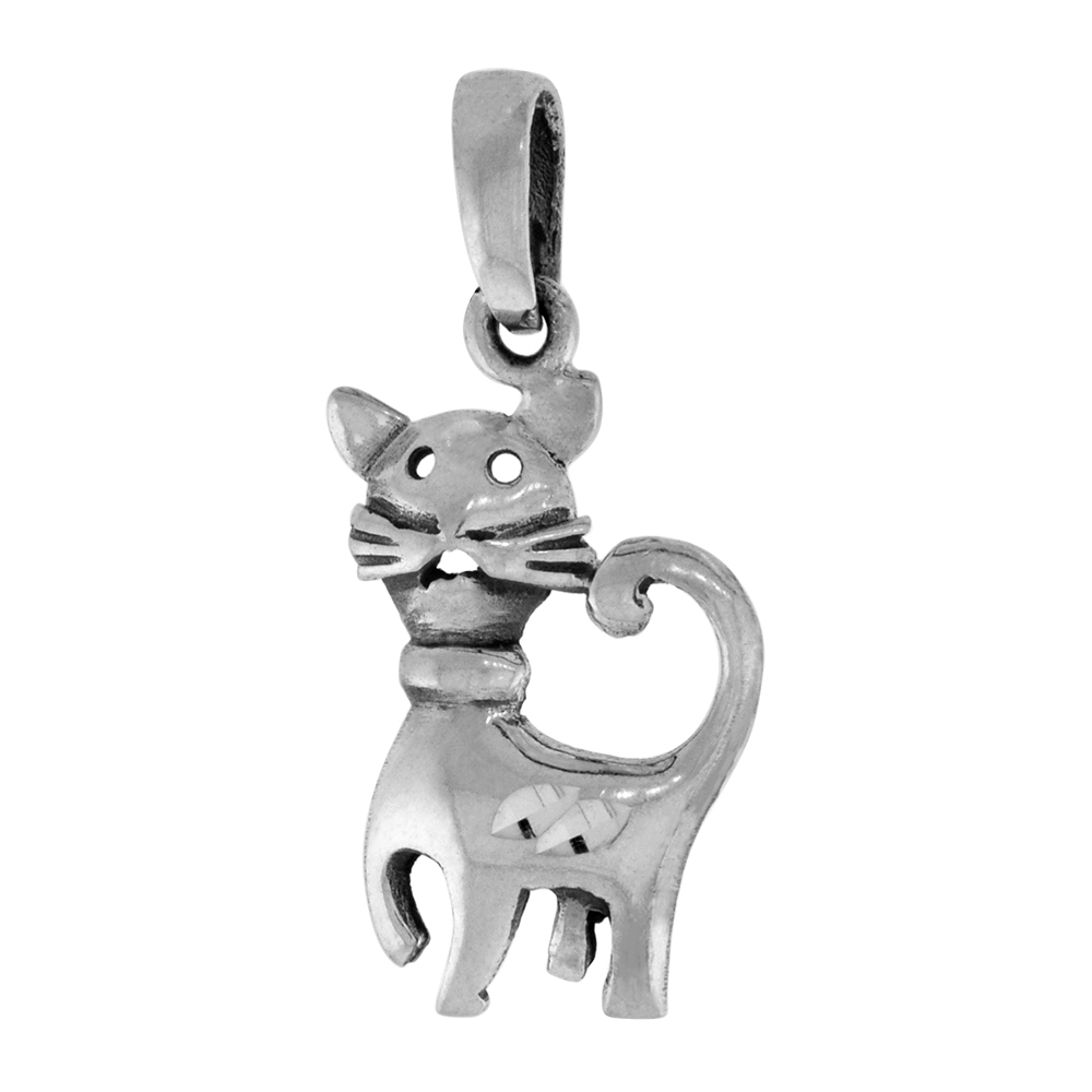1 1/8 inch Sterling Silver Cat with Whiskers Necklace Diamond-Cut Oxidized finish available with or without chain