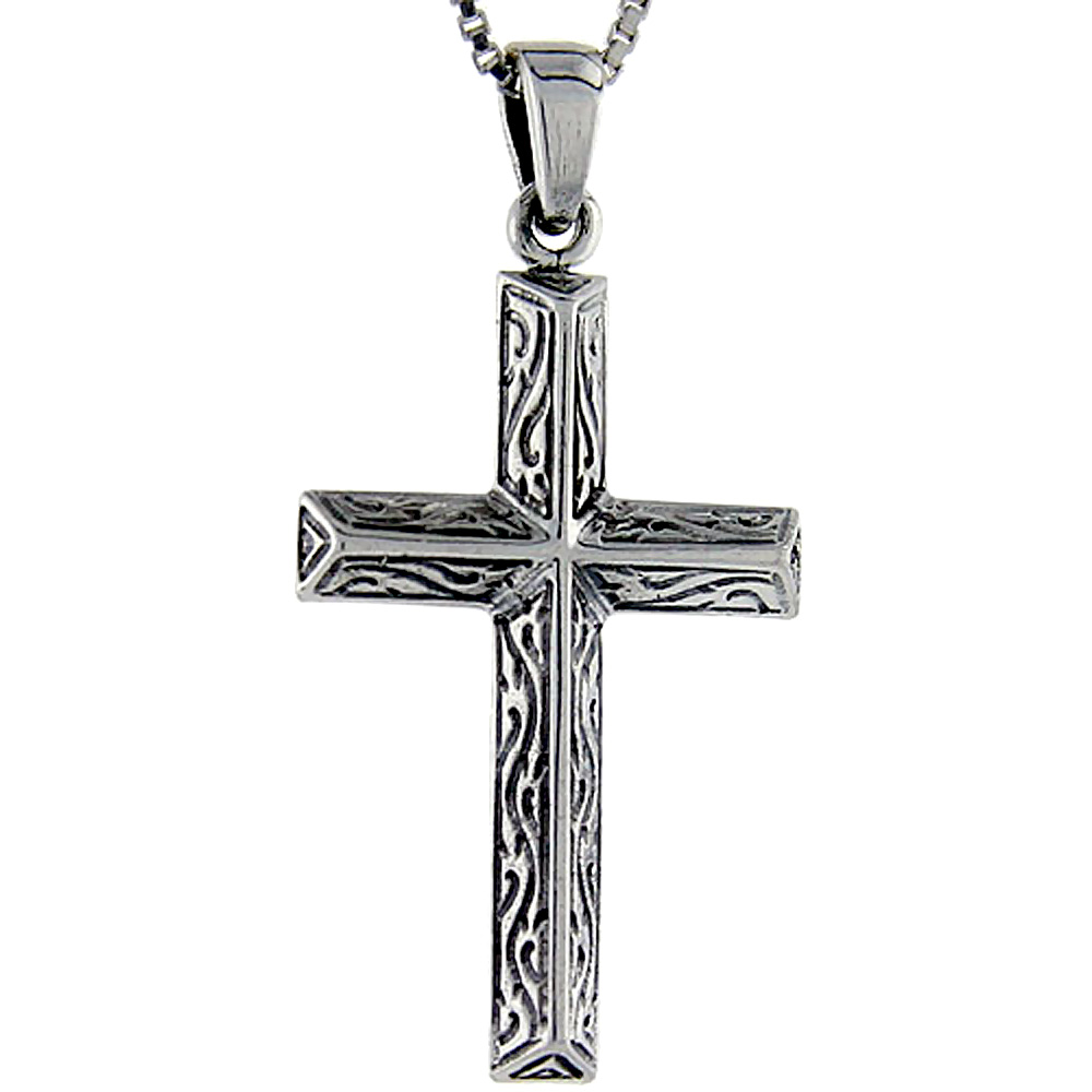 STERLING SILVER WOODEN TIMBER CROSS PENDANT 1 3/8 INCH TALL