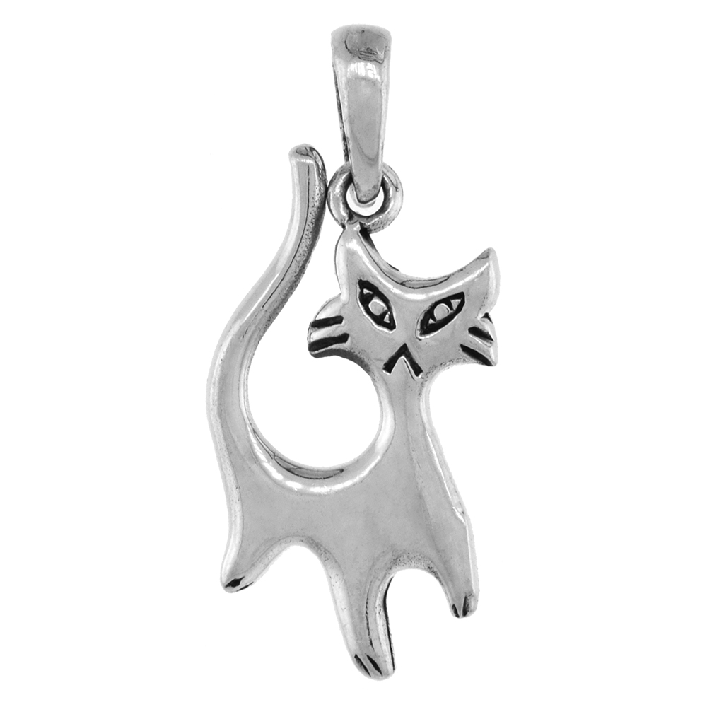 1 1/8 INCH STERLING SILVER TOMCAT PENDANT DIAMOND-CUT OXIDIZED FINISH NO CHAIN