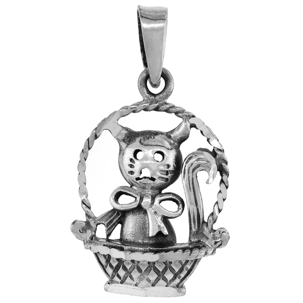1 3/8 inch Sterling Silver Cat in Basket Necklace Diamond-Cut Oxidized finish available with or without chain