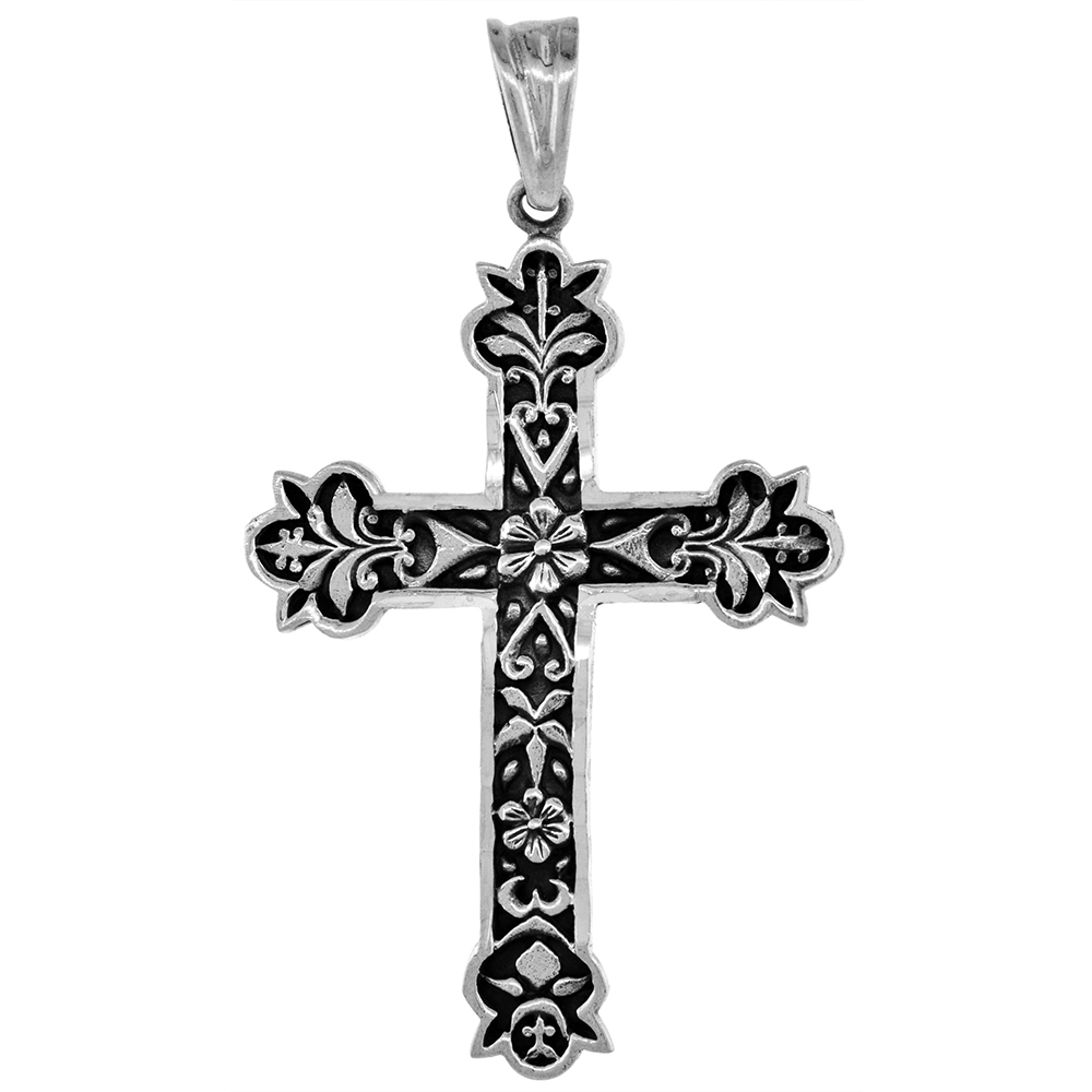 LARGE 2.0 INCH STERLING SILVER FLORAL CROSS PENDANT FOR MEN AND WOMEN DIAMOND-CUT OXIDIZED FINISH NO CHAIN (NO CHAIN)
