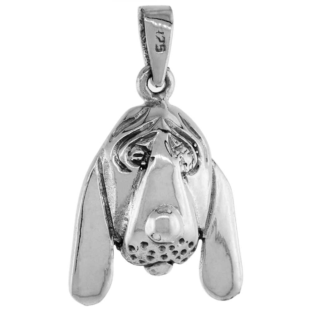 1 1/8 inch Sterling Silver Basset Hound Dog Head Necklace Diamond-Cut Oxidized finish available with or without chain