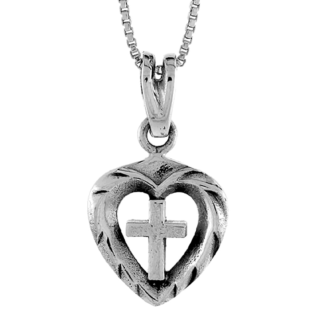 STERLING SILVER CROSS IN HEART PENDANT 5/8 INCH