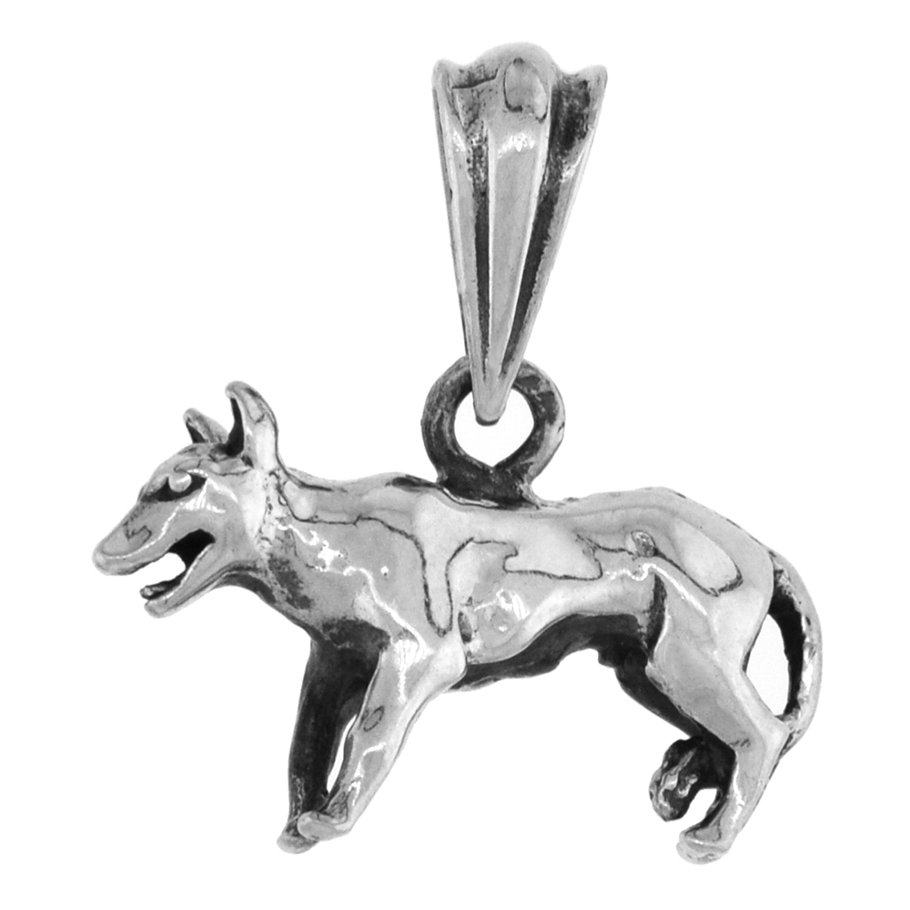 SMALL 3/4 INCH STERLING SILVER WOLF DOG PENDANT FOR WOMEN DIAMOND-CUT OXIDIZED FINISH NO CHAIN