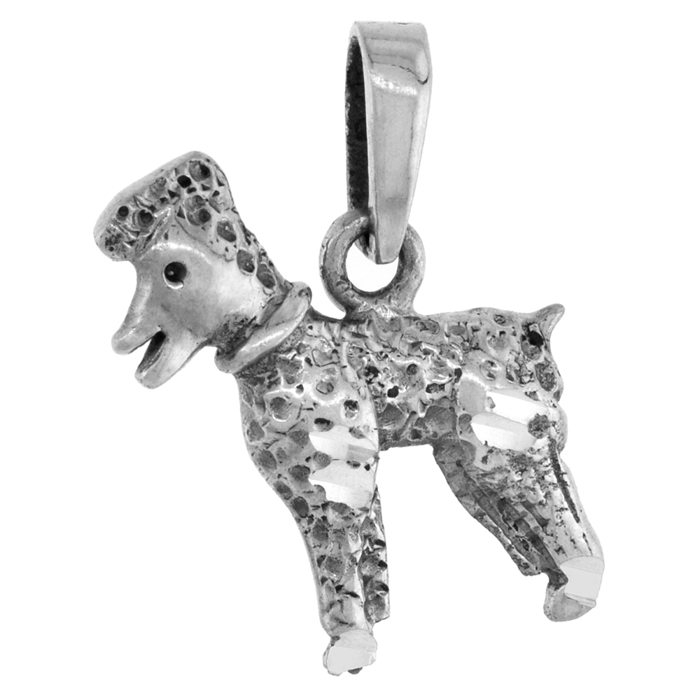 1 inch Sterling Silver Poodle Dog Necklace Diamond-Cut Oxidized finish available with or without chain