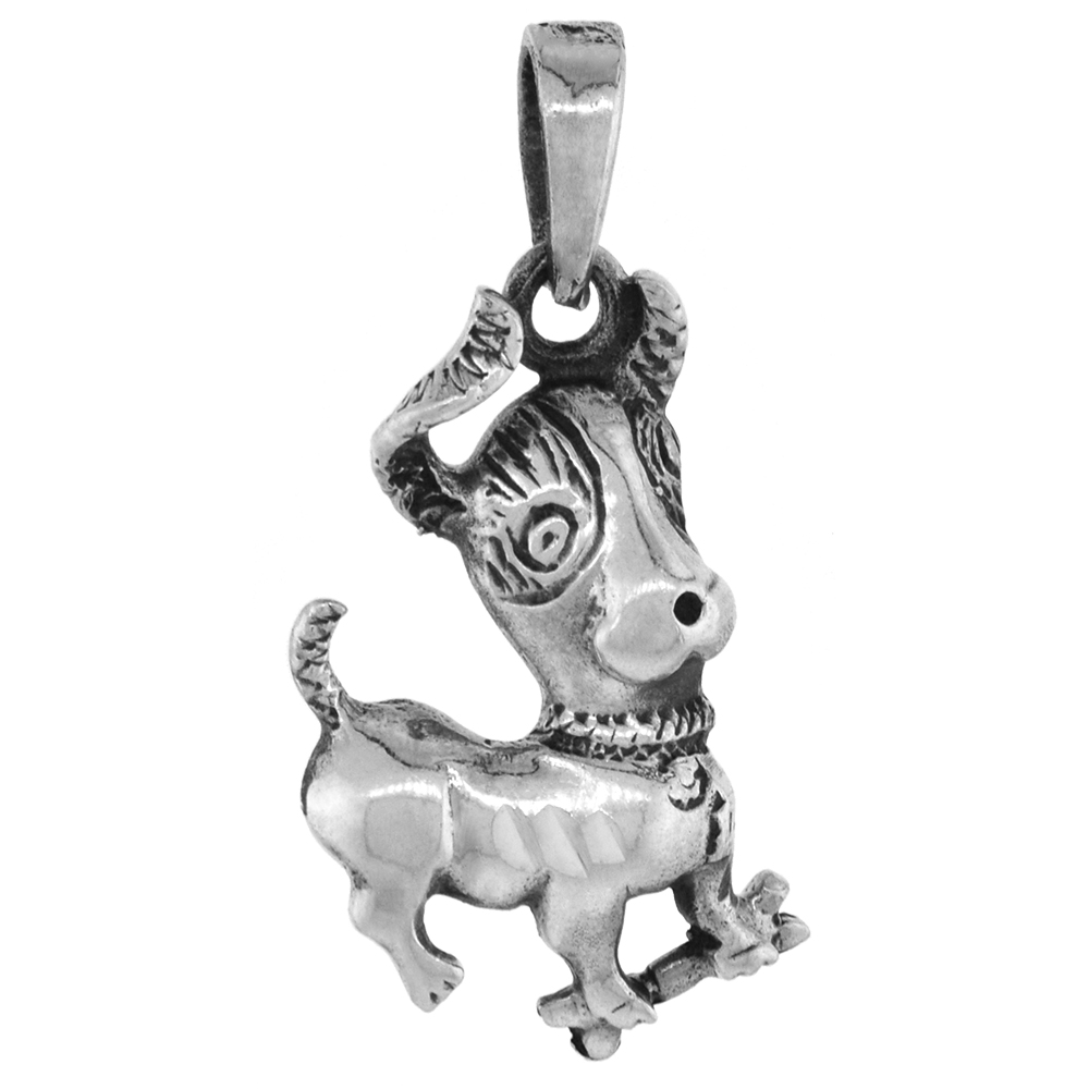1 3/8 INCH STERLING SILVER CARTOON DOG PENDANT DIAMOND-CUT OXIDIZED FINISH NO CHAIN