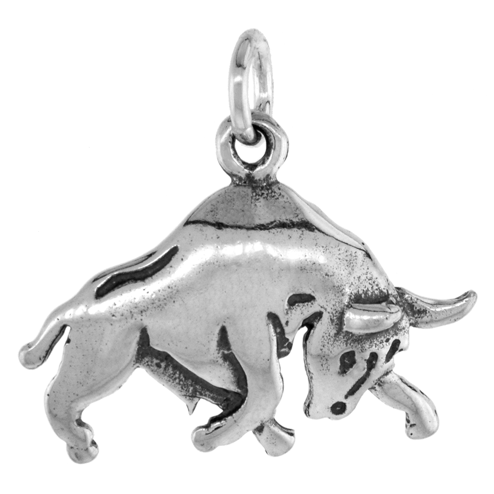 1 inch Sterling Silver Charging Bull Necklace Diamond-Cut Oxidized finish available with or without chain
